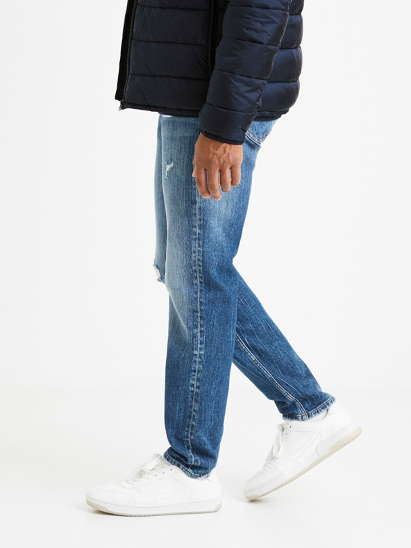 Celio Modré pánské straight fit džíny s potrhaným efektem Celio Vomarble