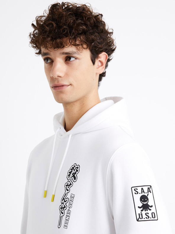 Celio Bílá pánská mikina s potiskem na zádech Celio Assassination Classroom