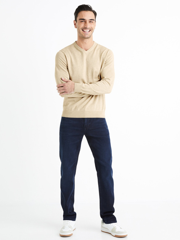 Celio Béžový pánský basic svetr Celio Decotonv