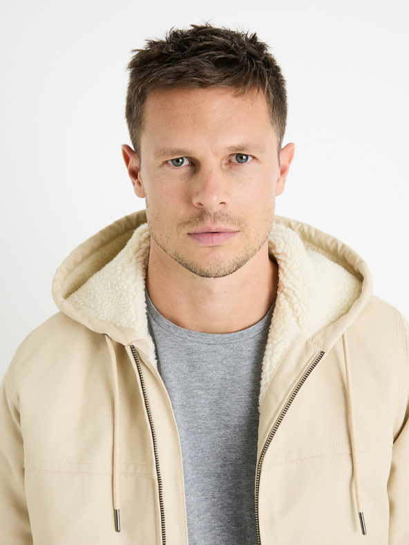 Celio Krémová pánská bunda s umělým kožíškem Celio Fuhoodie