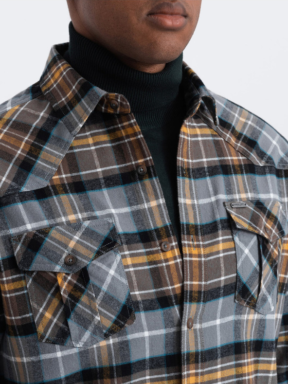 Ombre Clothing Oranžovo-šedá pánská svrchní flanelová košile Ombre Clothing