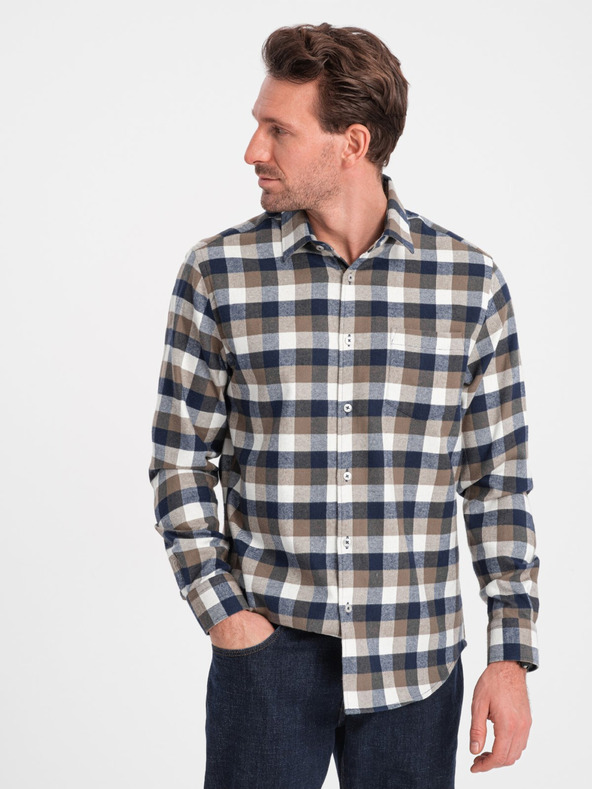 Ombre Clothing Hnědo-modrá pánská kostkovaná flanelová košile Ombre Clothing