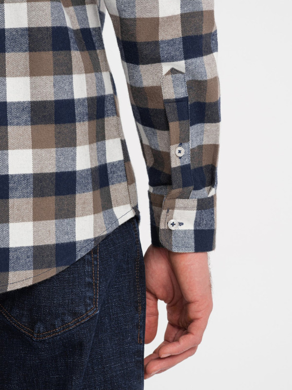 Ombre Clothing Hnědo-modrá pánská kostkovaná flanelová košile Ombre Clothing