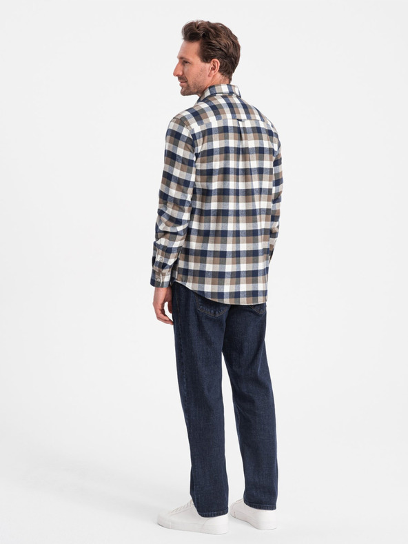 Ombre Clothing Hnědo-modrá pánská kostkovaná flanelová košile Ombre Clothing