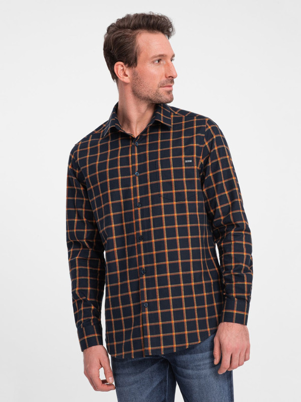 Ombre Clothing Oranžovo-modrá pánská kostkovaná flanelová košile Ombre Clothing