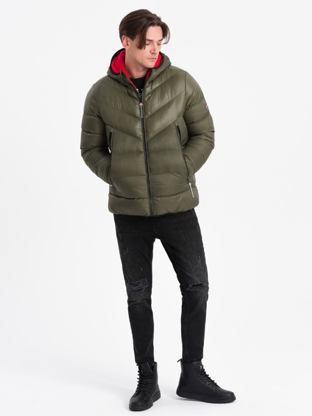 Ombre Clothing Tmavě zelená pánská prošívaná zimní bunda Ombre Clothing
