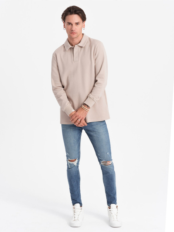 Ombre Clothing Béžová pánská basic mikina s límečkem Ombre Clothing