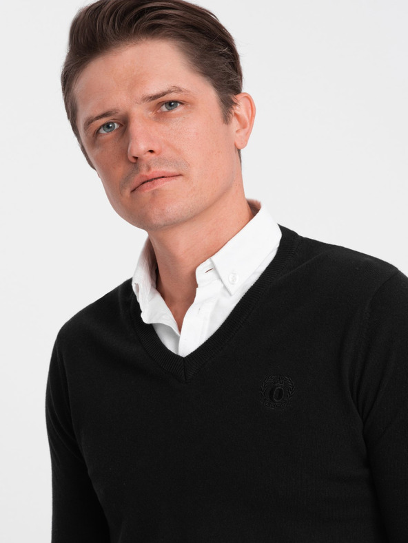 Ombre Clothing Černý pánský svetr s košilovým límcem Ombre Clothing