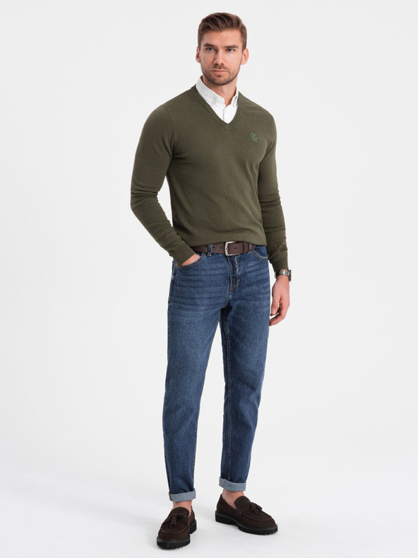 Ombre Clothing Zelený pánský svetr s košilovým límcem Ombre Clothing