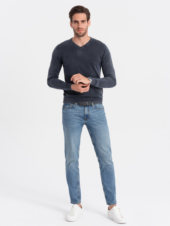 Ombre Clothing Tmavě modrý pánský basic svetr s véčkovým výstřihem Ombre Clothing