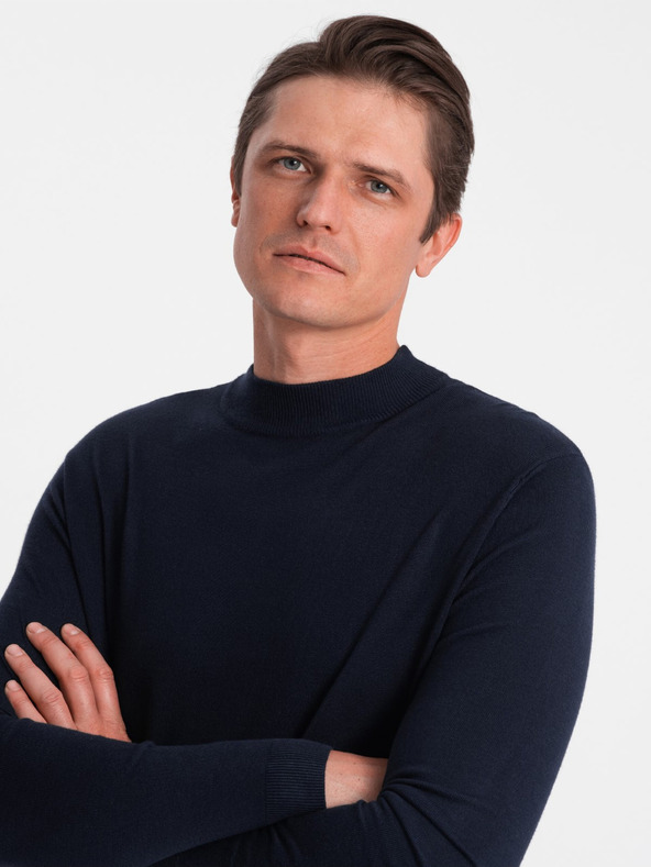 Ombre Clothing Tmavě modrý pánský basic svetr se stojáčkem Ombre Clothing