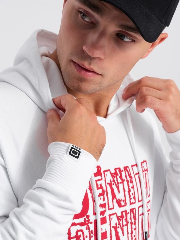Ombre Clothing Červeno-bílá pánská mikina s kapucí a potiskem Ombre Clothing