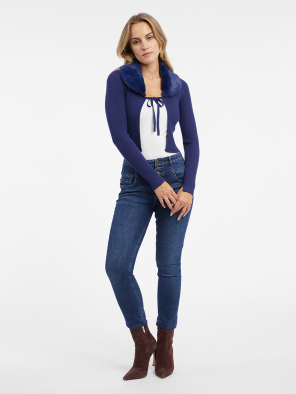 Orsay Modrý dámský kardigan s umělým kožíškem ORSAY