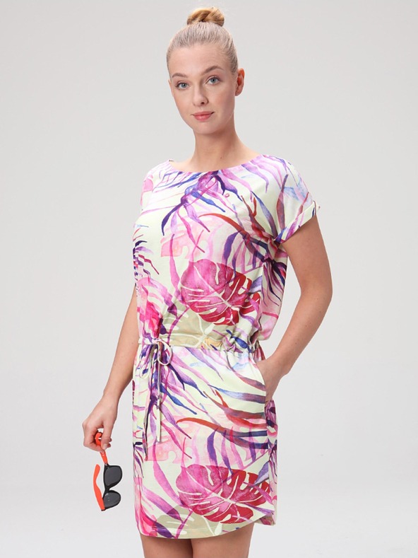 Loap Zeleno-růžové dámské letní šaty s tropickým vzorem LOAP ANUMA