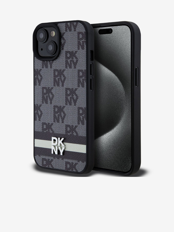 DKNY PU Leather Checkered Pattern and Stripe Zadní Kryt pro iPhone 15 Black DKNY