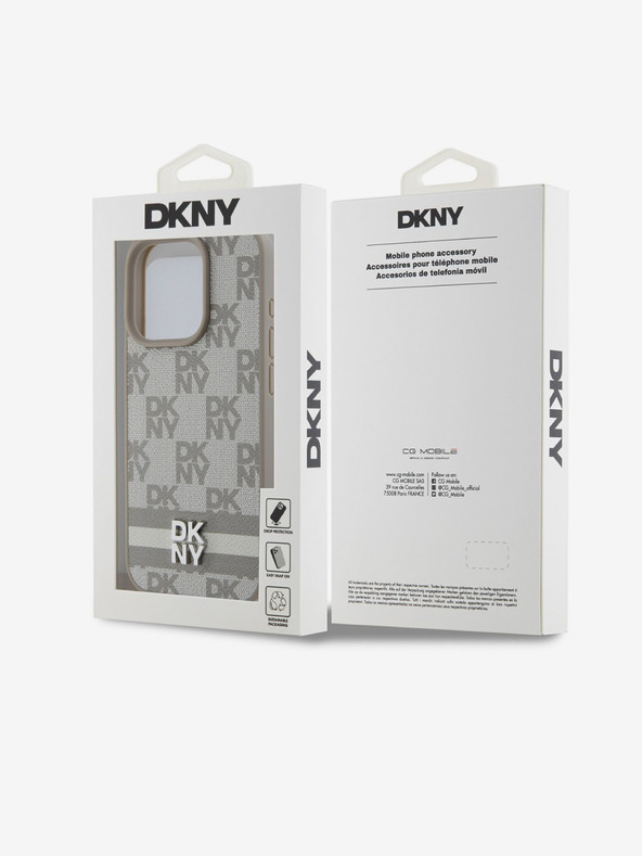 DKNY PU Leather Checkered Pattern and Stripe Zadní Kryt pro iPhone 14 Pro Beige DKNY
