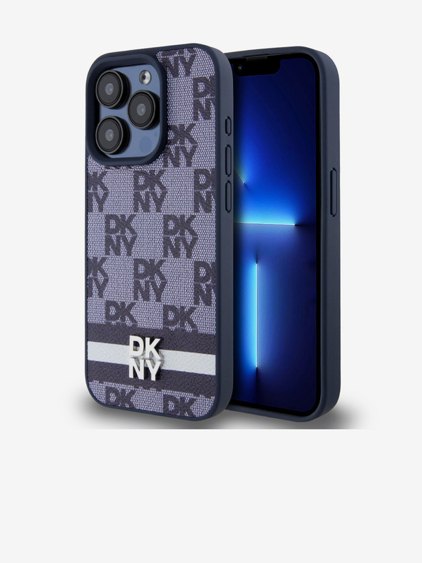 DKNY PU Leather Checkered Pattern and Stripe Zadní Kryt pro iPhone 15 Pro Max Blue DKNY