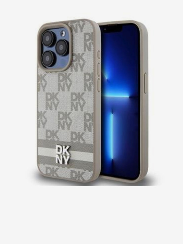 DKNY PU Leather Checkered Pattern and Stripe Zadní Kryt pro iPhone 13 Pro Max Beige DKNY