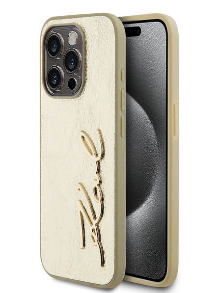 Karl Lagerfeld Wrinkled PU Signature Logo Zadní Kryt pro iPhone 15 Pro Max Gold Karl Lagerfeld