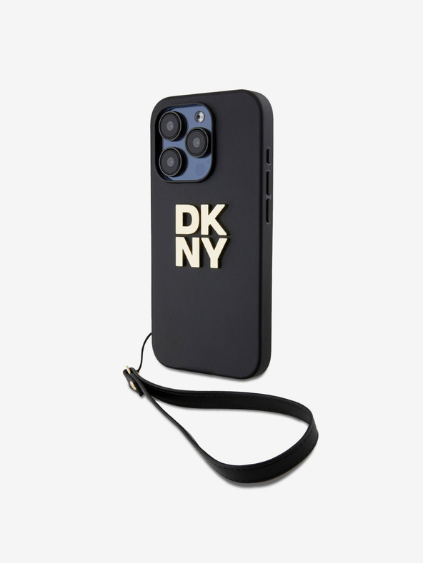DKNY PU Leather Stack Logo Wrist Strap Zadní Kryt pro iPhone 15 Pro Max Black DKNY
