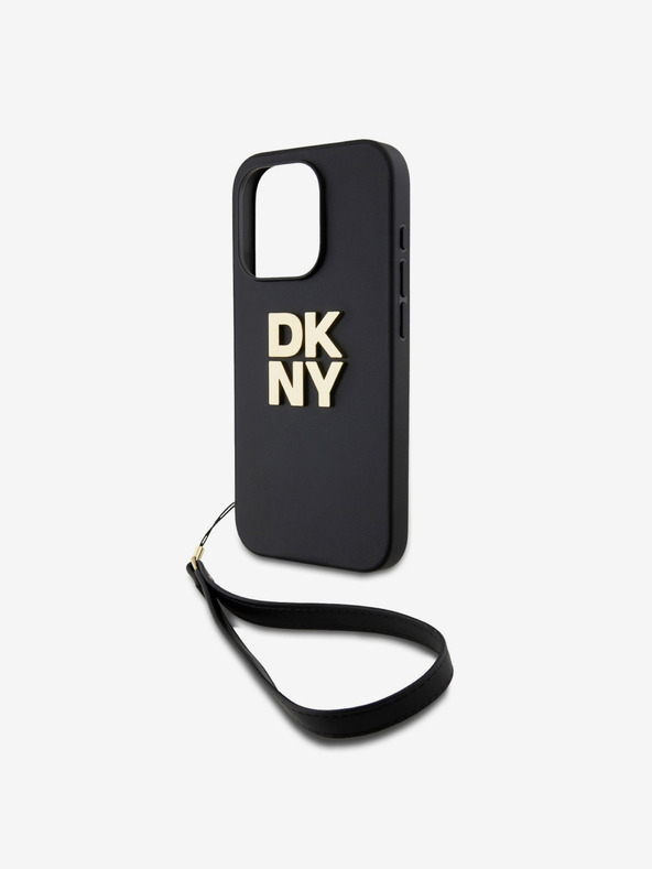 DKNY PU Leather Stack Logo Wrist Strap Zadní Kryt pro iPhone 15 Pro Max Black DKNY