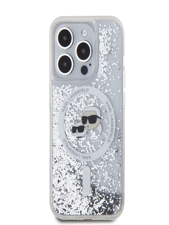 Karl Lagerfeld Karl Lagerfeld Liquid Glitter Karl and Choupette Heads MagSafe Zadní Kryt pro iPhone 15 Pro Transparent