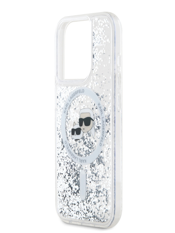 Karl Lagerfeld Karl Lagerfeld Liquid Glitter Karl and Choupette Heads MagSafe Zadní Kryt pro iPhone 15 Pro Transparent