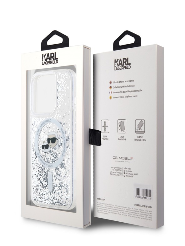 Karl Lagerfeld Karl Lagerfeld Liquid Glitter Karl and Choupette Heads MagSafe Zadní Kryt pro iPhone 15 Pro Transparent