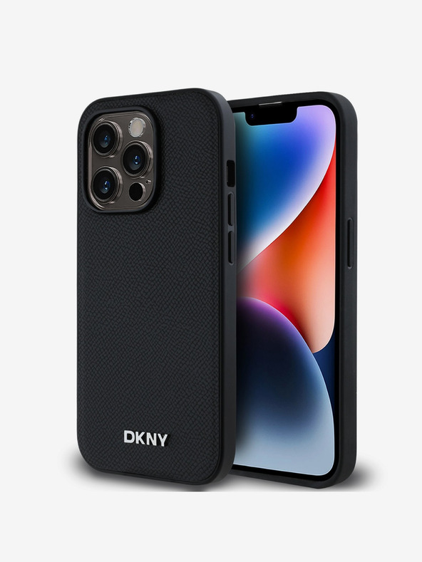DKNY PU Leather Silver Metal Logo Magsafe Zadní Kryt pro iPhone 14 Pro Max Black DKNY