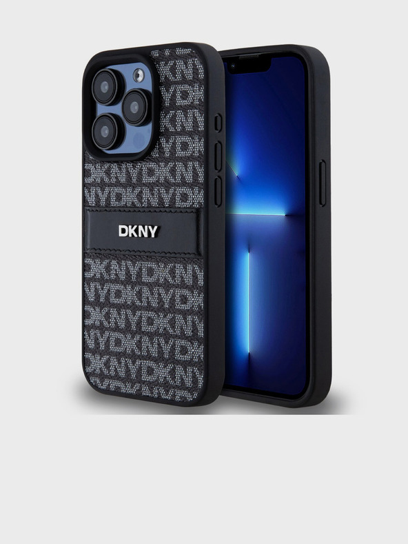 DKNY PU Leather Repeat Pattern Tonal Stripe Zadní Kryt pro iPhone 15 Pro Black DKNY