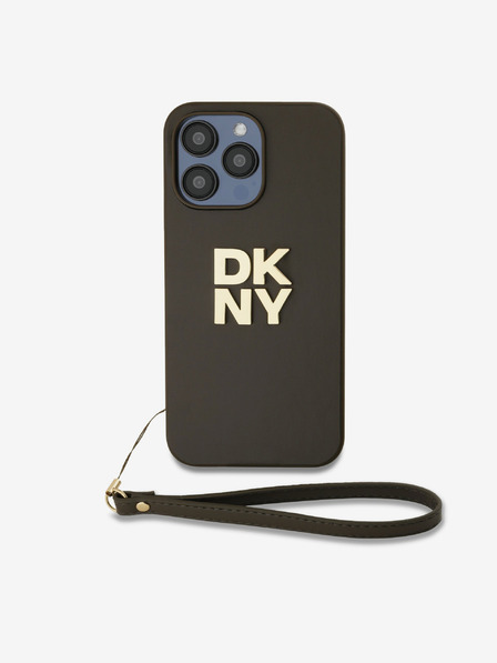 DKNY PU Leather Stack Logo Wrist Strap Zadní Kryt pro iPhone 15 Pro Max Brown DKNY