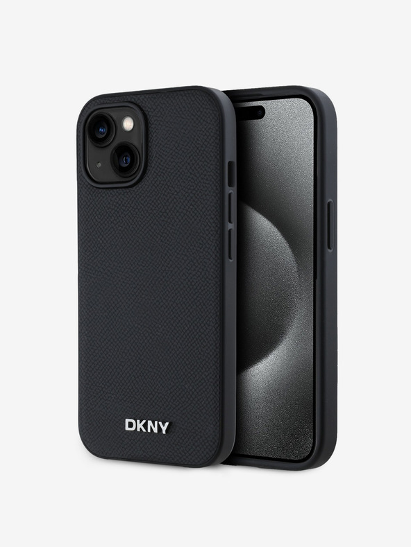 DKNY PU Leather Silver Metal Logo Magsafe Zadní Kryt pro iPhone 15 Black DKNY