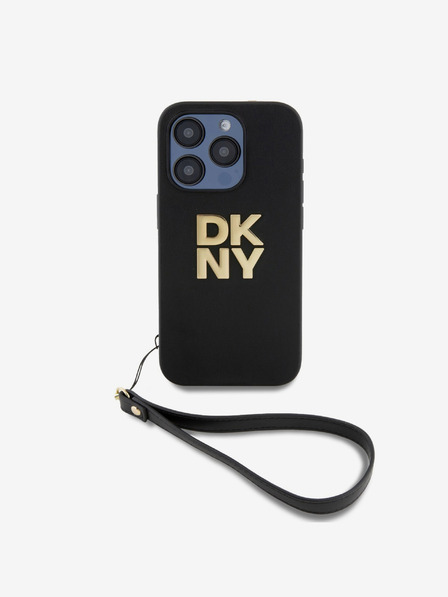 DKNY PU Leather Stack Logo Wrist Strap Zadní Kryt pro iPhone 14 Pro Max Black DKNY