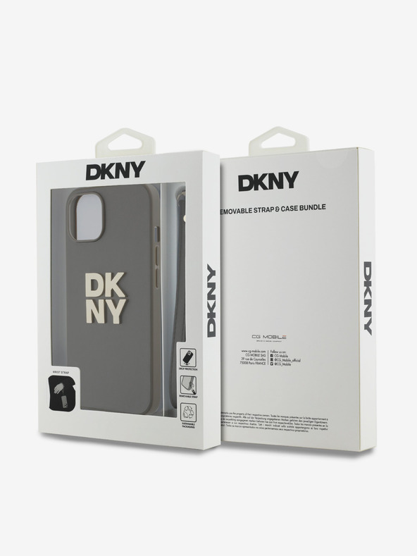 DKNY PU Leather Stack Logo Wrist Strap Zadní Kryt pro iPhone 14 Brown DKNY