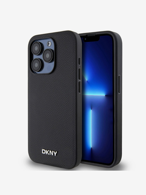 DKNY PU Leather Silver Metal Logo Magsafe Zadní Kryt pro iPhone 15 Pro Max Black DKNY
