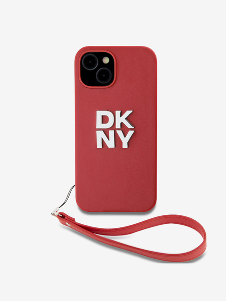DKNY PU Leather Stack Logo Wrist Strap Zadní Kryt pro iPhone 14 Red DKNY