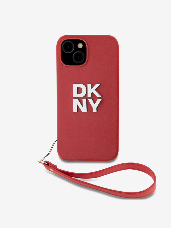 DKNY PU Leather Stack Logo Wrist Strap Zadní Kryt pro iPhone 14 Red DKNY