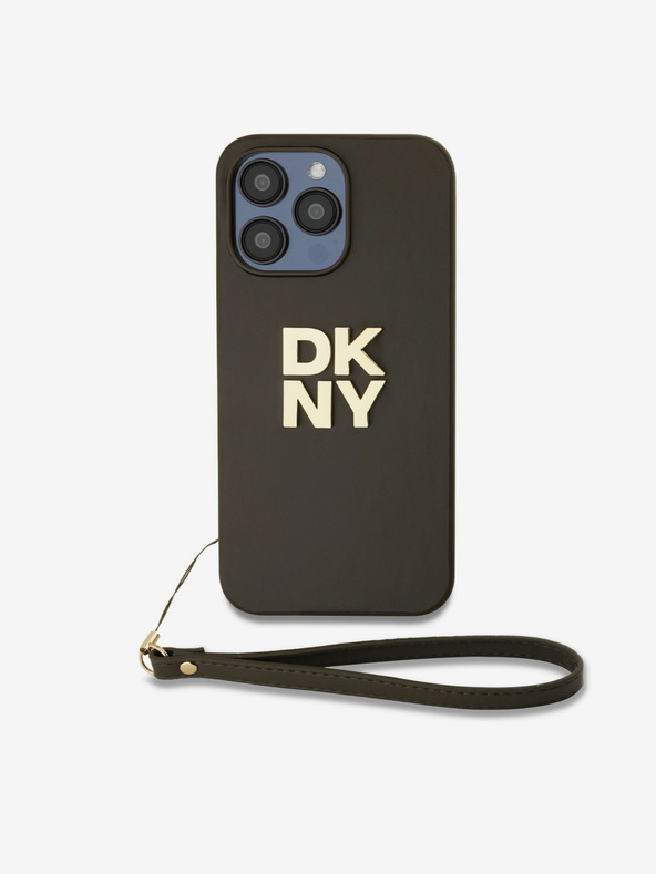 DKNY PU Leather Stack Logo Wrist Strap Zadní Kryt pro iPhone 14 Pro Brown DKNY