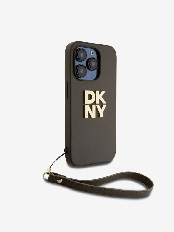 DKNY PU Leather Stack Logo Wrist Strap Zadní Kryt pro iPhone 14 Pro Brown DKNY