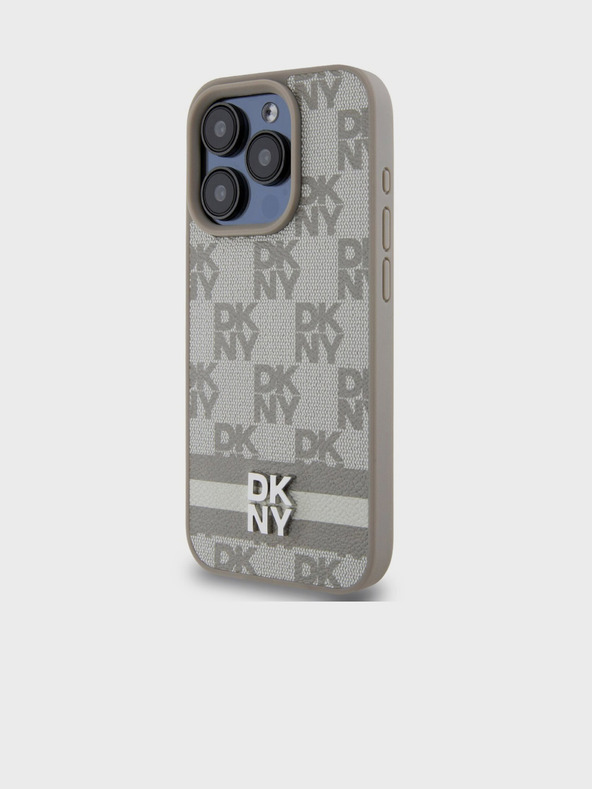 DKNY PU Leather Checkered Pattern and Stripe Zadní Kryt pro iPhone 14 Pro Max Beige DKNY