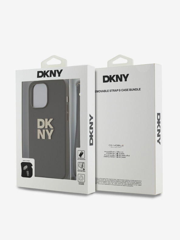 DKNY PU Leather Stack Logo Wrist Strap Zadní Kryt pro iPhone 15 Pro Brown DKNY