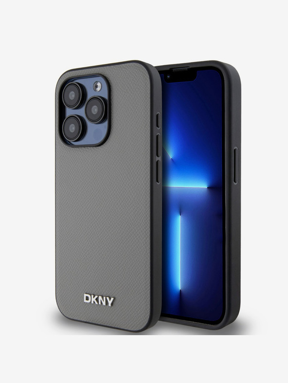 DKNY PU Leather Silver Metal Logo Magsafe Zadní Kryt pro iPhone 15 Pro Max Grey DKNY