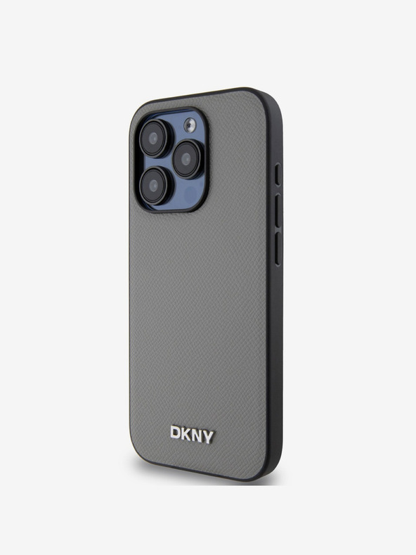 DKNY PU Leather Silver Metal Logo Magsafe Zadní Kryt pro iPhone 15 Pro Max Grey DKNY