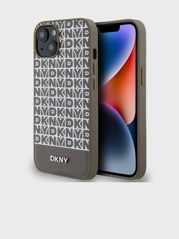 DKNY PU Leather Repeat Pattern Bottom Stripe MagSafe Zadní Kryt pro iPhone 15 Brown DKNY