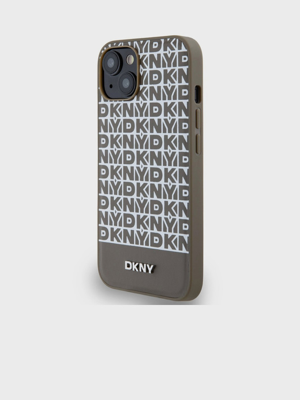 DKNY PU Leather Repeat Pattern Bottom Stripe MagSafe Zadní Kryt pro iPhone 15 Brown DKNY