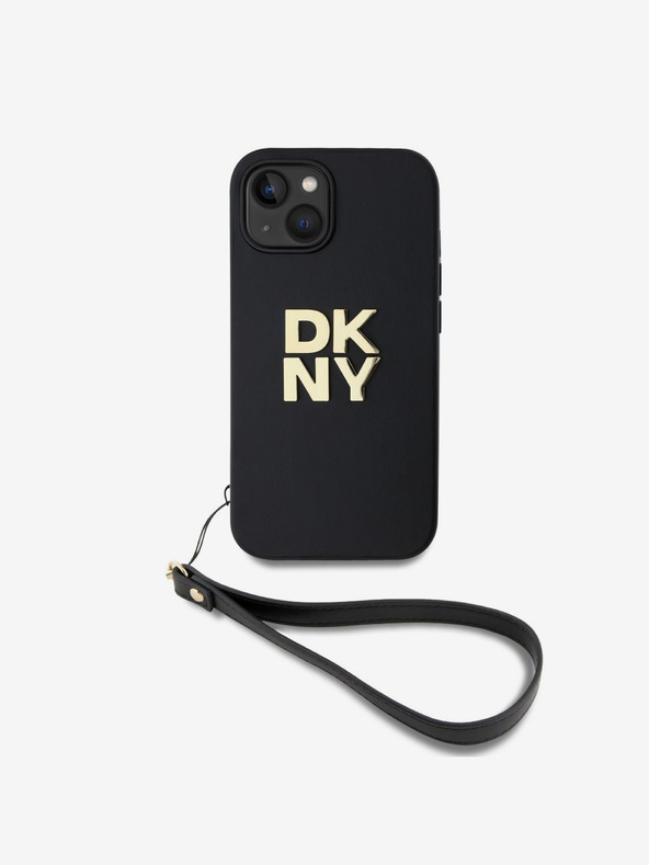 DKNY PU Leather Stack Logo Wrist Strap Zadní Kryt pro iPhone 13 Black DKNY