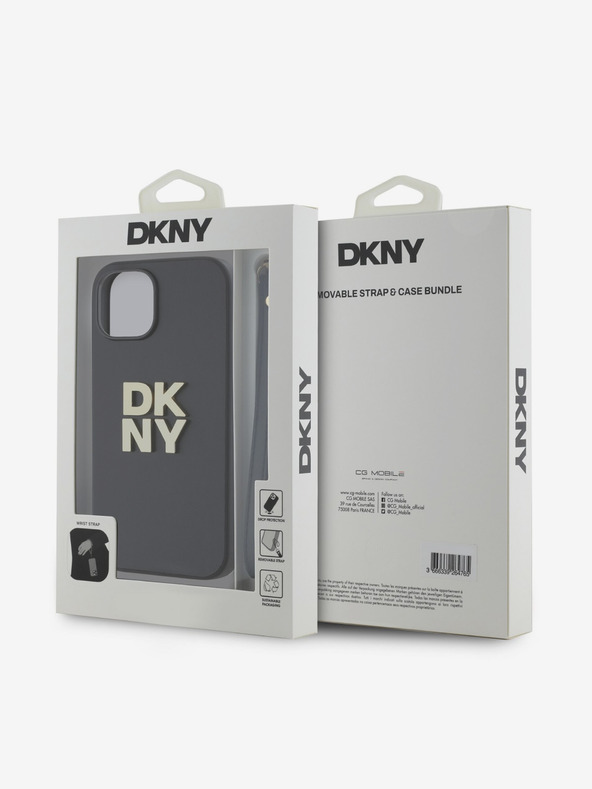 DKNY PU Leather Stack Logo Wrist Strap Zadní Kryt pro iPhone 13 Black DKNY