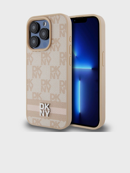 DKNY PU Leather Checkered Pattern and Stripe Zadní Kryt pro iPhone 14 Pro Pink DKNY