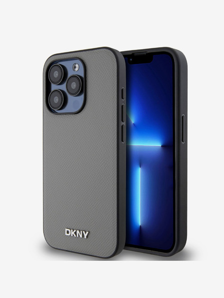 DKNY PU Leather Silver Metal Logo Magsafe Zadní Kryt pro iPhone 14 Pro Grey DKNY