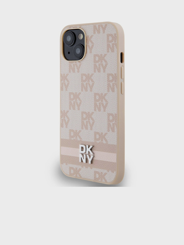 DKNY PU Leather Checkered Pattern and Stripe Zadní Kryt pro iPhone 15 Pink DKNY
